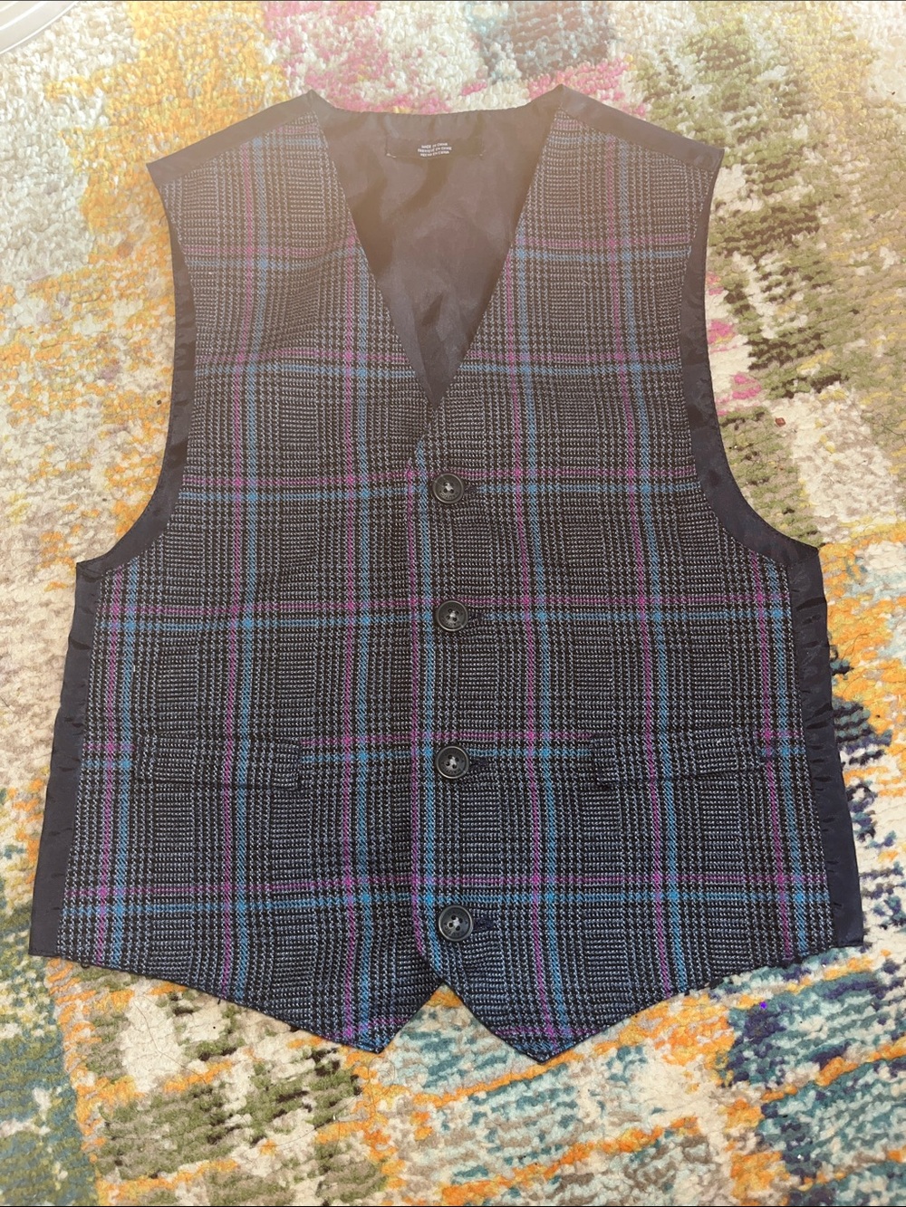 Boys sz 6-7 Black Plaid Dress Vest with Purple Accent